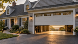 House with partially open garage door, revealing opening in back of garage to another world